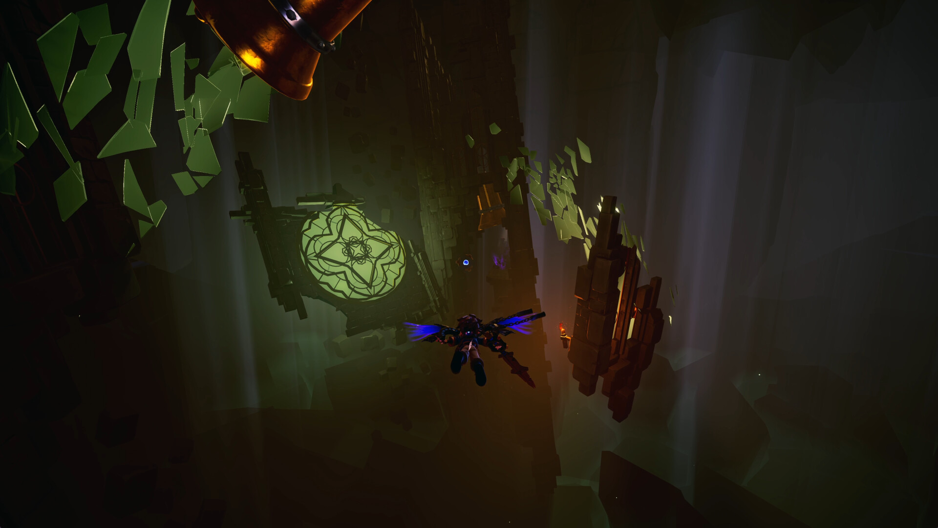 Grapple to the balloon, then dash across the gap to the far ledge.
