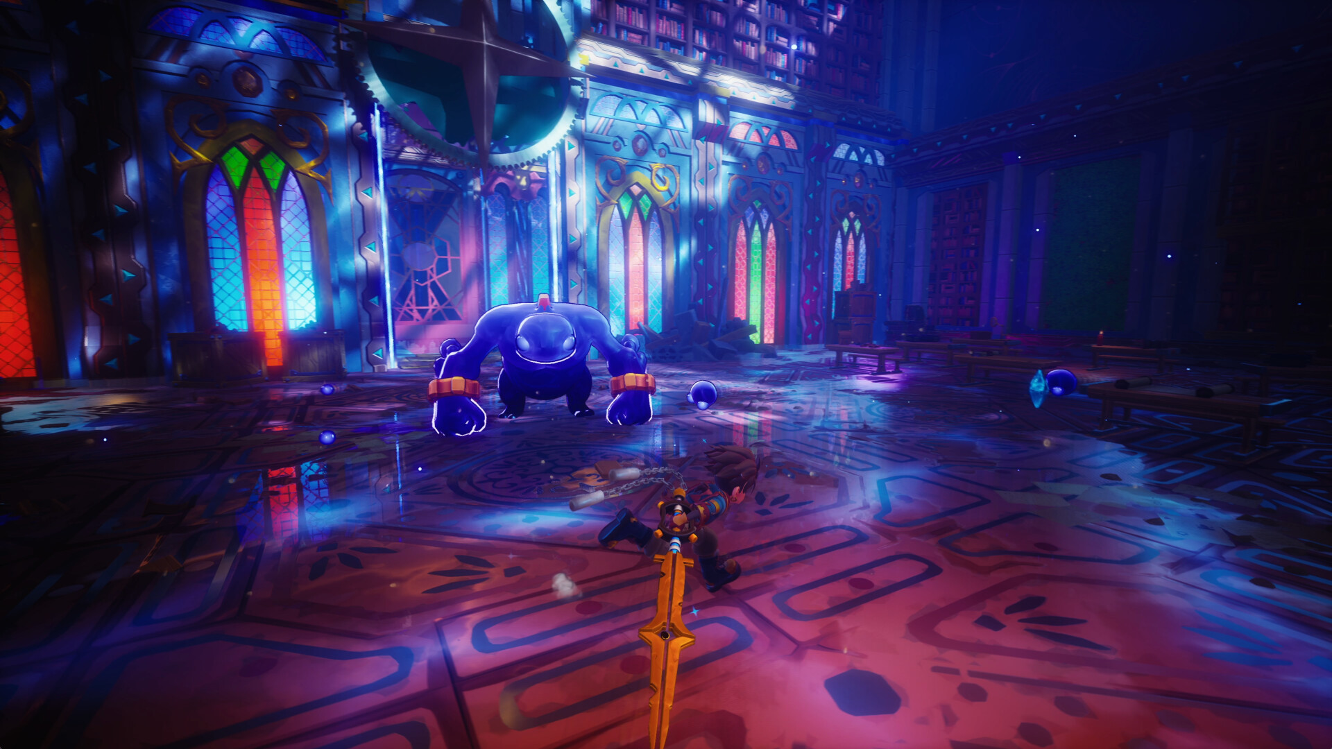 Jump onto the moving platform, then use the booster ring to cross the gap.