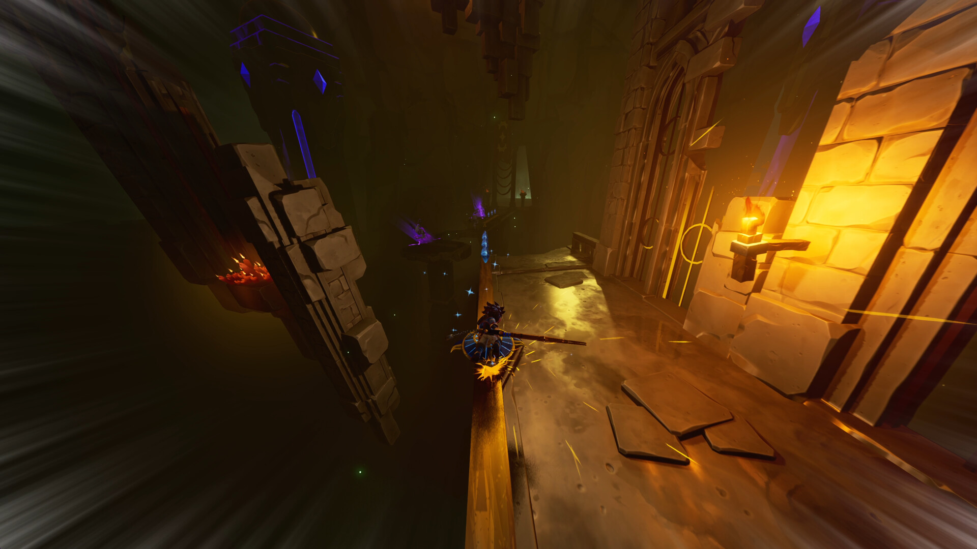 Glide through the rings from the high ledge, then land on the floating platform