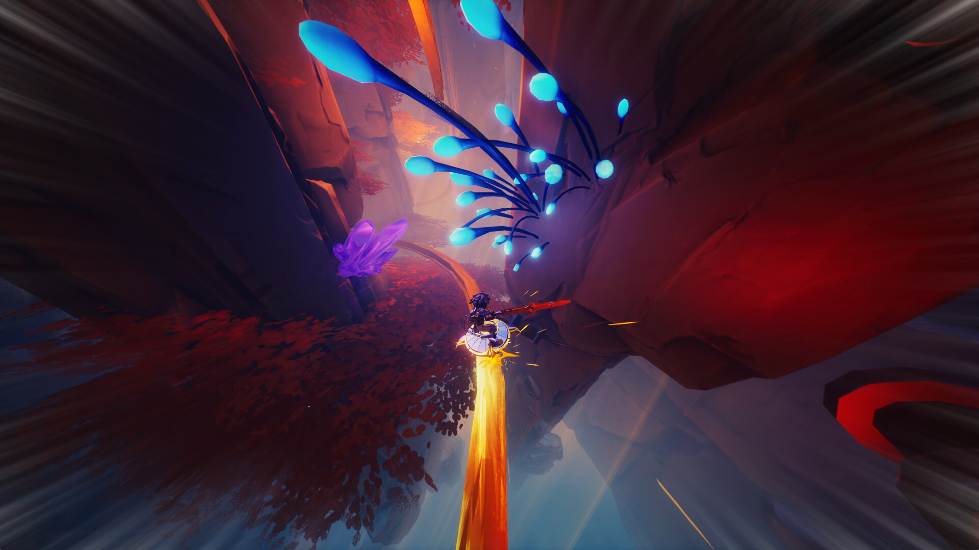 Grind the golden rail across the gorge, then jump at the end to the next ledge.